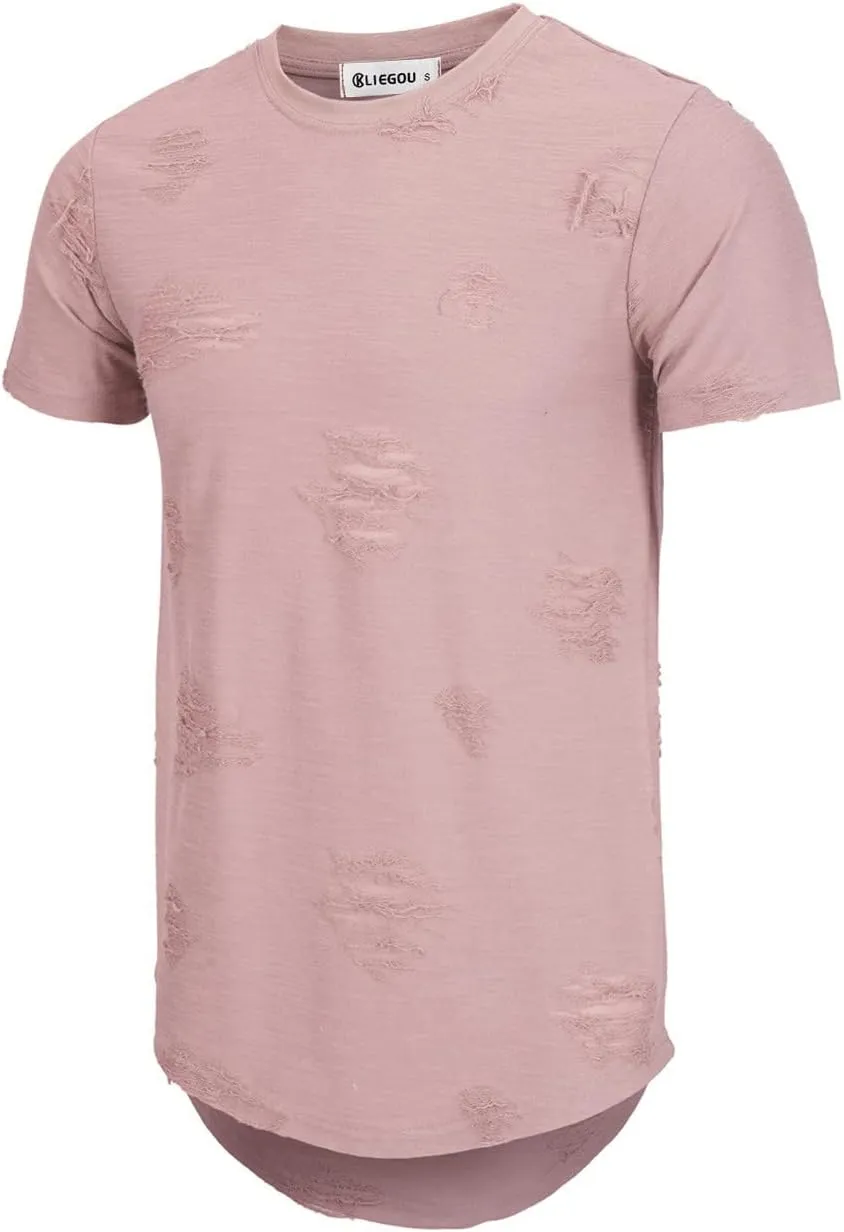 KLIEGOU Mens Hipster Crewneck T-Shirt Round Hemline Hole Tees