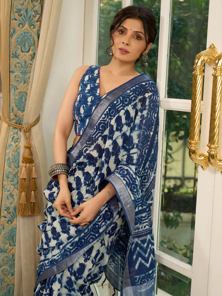 Linen mix saree in indigo hues with bold abstract block prints