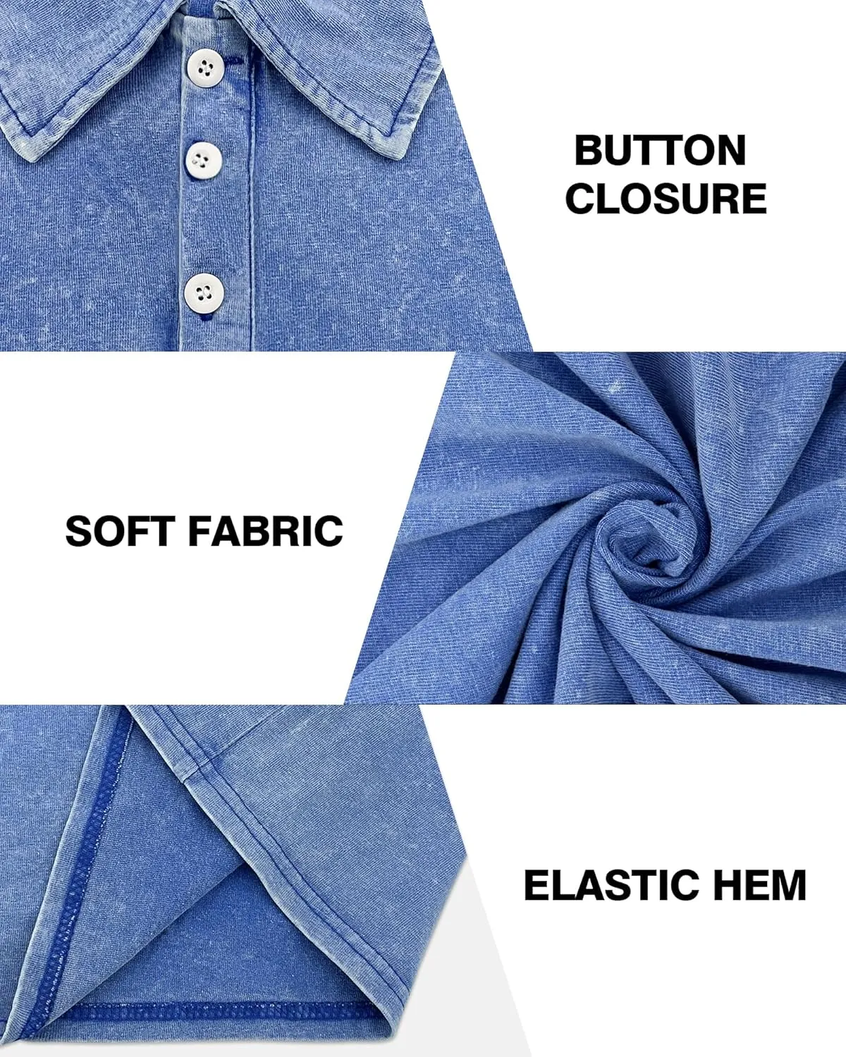 Men's Polo Shirts Short Sleeve Casual Summer Tee Tops Distressed Washed Button Cotton T-Shirt