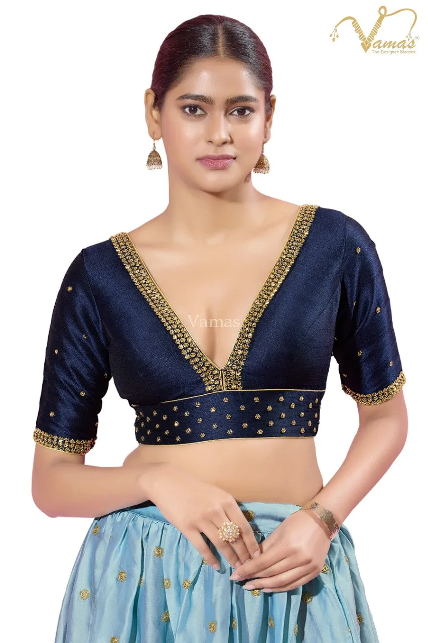 Readymade Mulbury Silk Padded Back Open Elbow Sleeves Saree Blouse