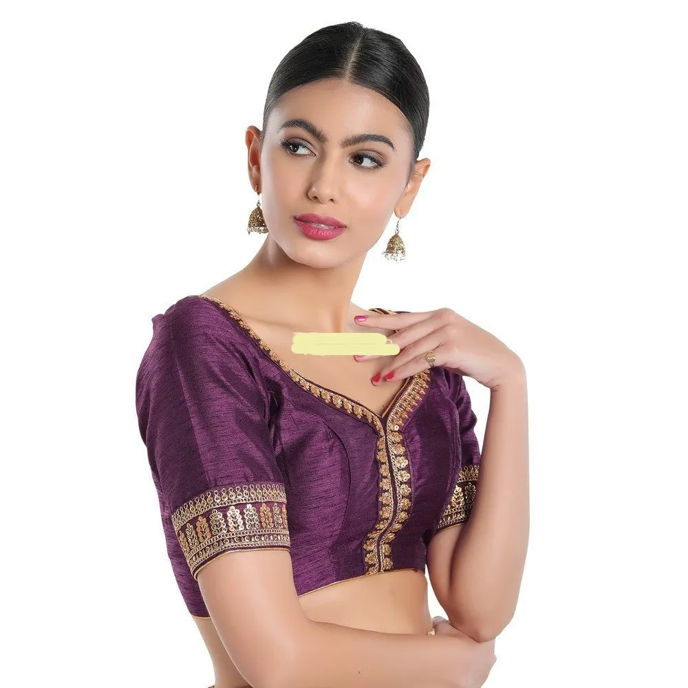 Readymade Mulbury Silk Padded Back Open Elbow Sleeves Wine Saree Blouse