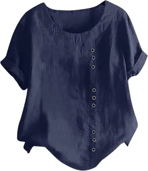 Womens Cotton Linen Button Down Shirt Short Sleeve Print Blouse Casual Crew Neck Tops Summer Flowy Tops for 2024