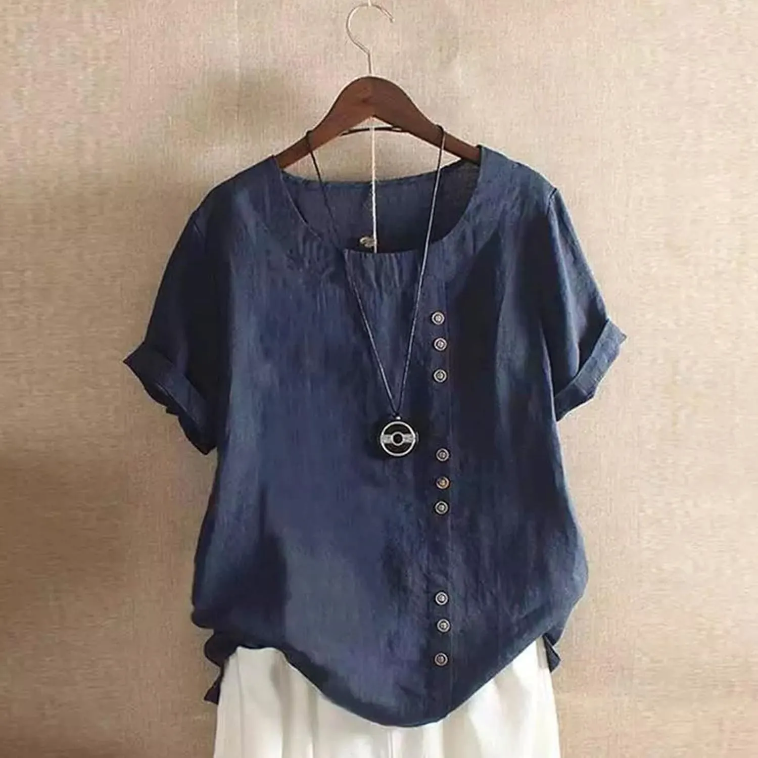 Womens Cotton Linen Button Down Shirt Short Sleeve Print Blouse Casual Crew Neck Tops Summer Flowy Tops for 2024